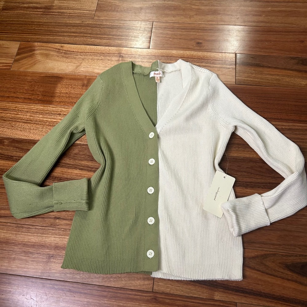 Peach Color Block Cardigan Ribbed‎ Knit Button Front Sweater Green White M